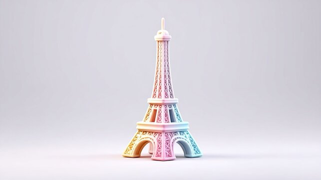Un'illustrazione 3D di un modello di Torre Eiffel colorata con toni pastello rosa e azzurro, design stilizzato.
