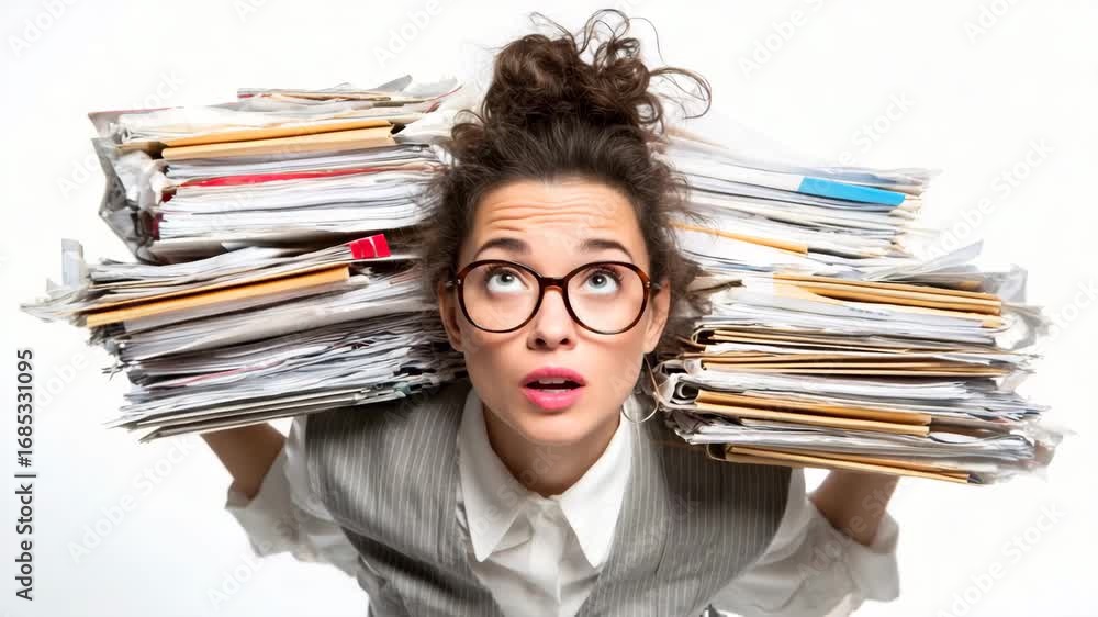 Aufkleber stressed worker struggles with overloaded paperwork while trying to maintain focus in a busy office 
