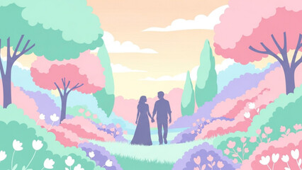 Fototapeta premium Couple walking handinhand through pastelcolored garden with blooming flowers and lush trees, creating a romantic and serene atmosphere.