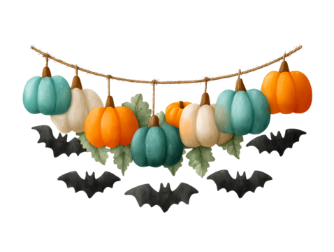 Halloween garland with orange and green pumpkins, leafy vines, and flying black bats, perfect for seasonal festive decor