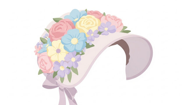 Elegant bonnet adorned with pastel flowers rests against a clean white backdrop, evoking a sense of springtime charm and delicate beauty.