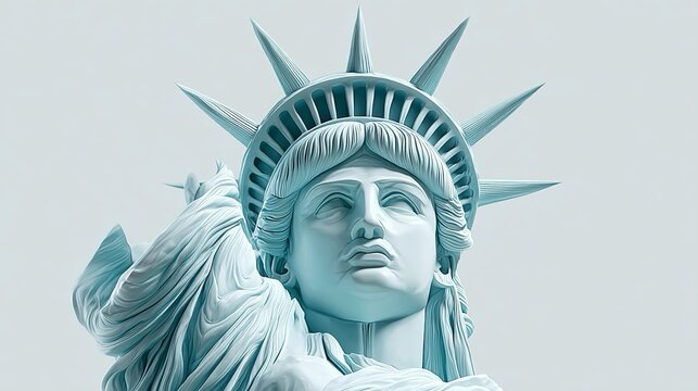 Un'illustrazione digitale raffigura la testa della Statua della Libert&agrave;, con un colore pastello azzurro-pallido, in primo piano.
