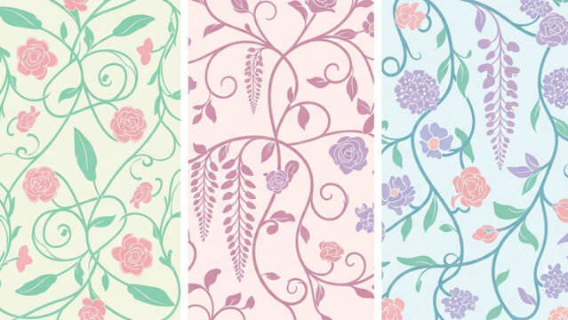 Elegant floral patterns intertwine with delicate vines and blossoms, creating a seamless repeat for textile or wallpaper in soft pastel colors, evoking a vintage charm.