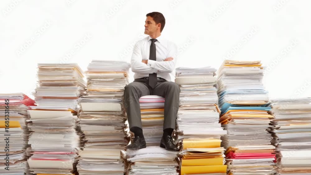 Poster office worker sitting on stacks of paperwork reflecting on workload and organization strategies duri