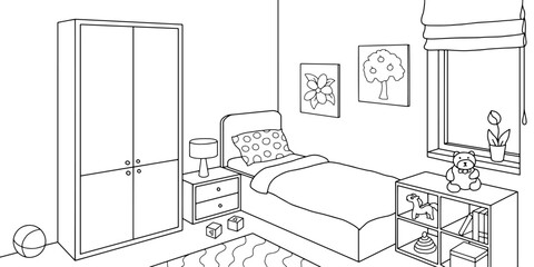 Children room graphic black white home interior sketch illustration vector 