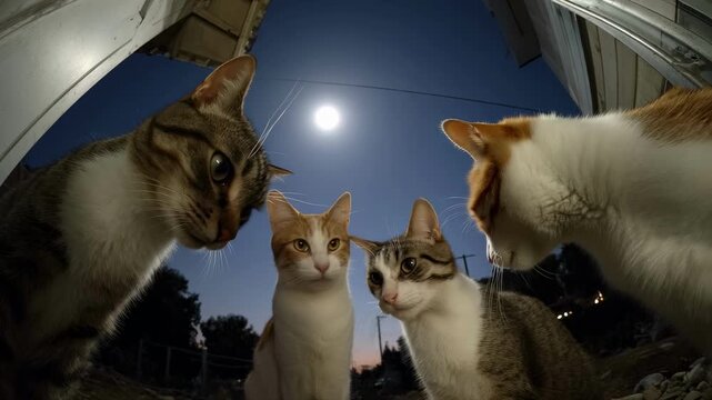 Four curious cats look down into the camera with a fisheye lens perspective at night under a full moon, a funny and cute concept representing pet curiosity and animal behavior
