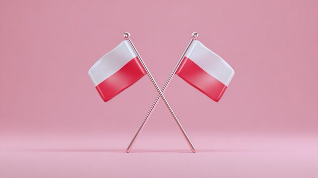 Composizione simmetrica, con due bandiere della Polonia, incrociate al centro. Le bandiere hanno un design semplice, un aspetto lucido e due aste sottili.