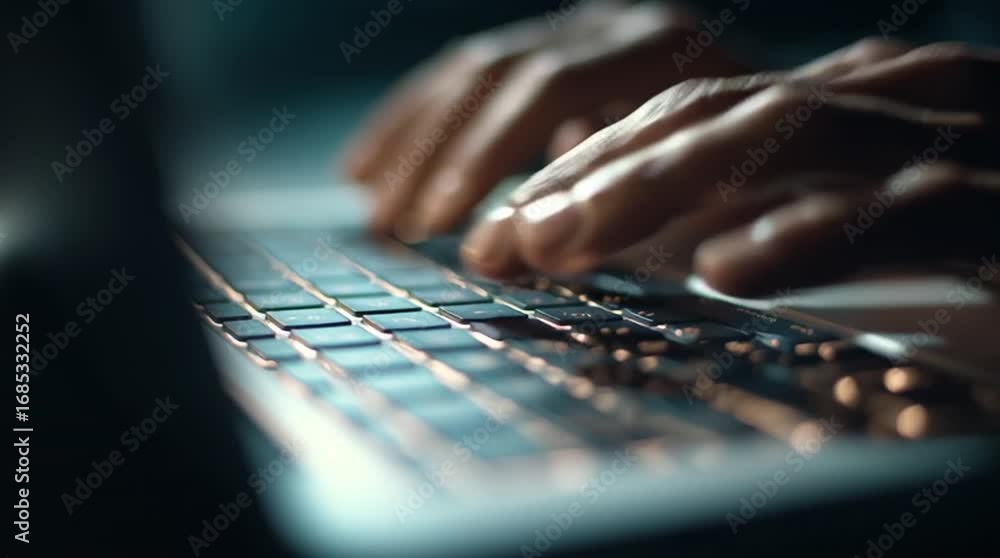 Poster hands typing intently on a laptop keyboard, bathed in the soft glow of the screen.