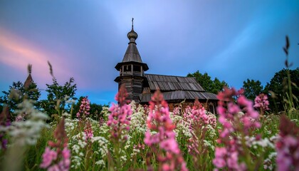 Wooden church in a field of wildflowers at twilight