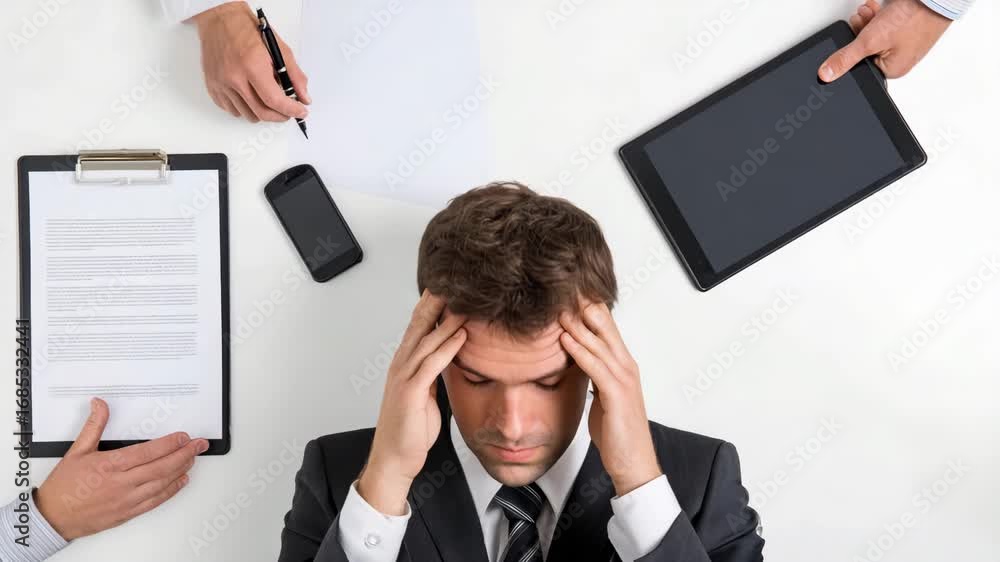 Poster stressful work environment causing frustration and overwhelm in a business setting during a demandin