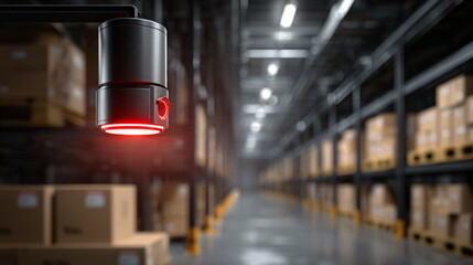 Bright red stop light glowing in a large warehouse or factory facility. Safety warning signal for industrial environment.
