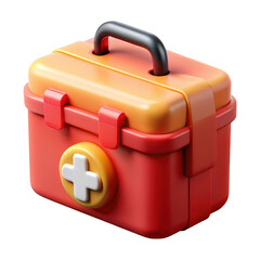 A red and yellow first aid kit with a white cross isolated on transparent background