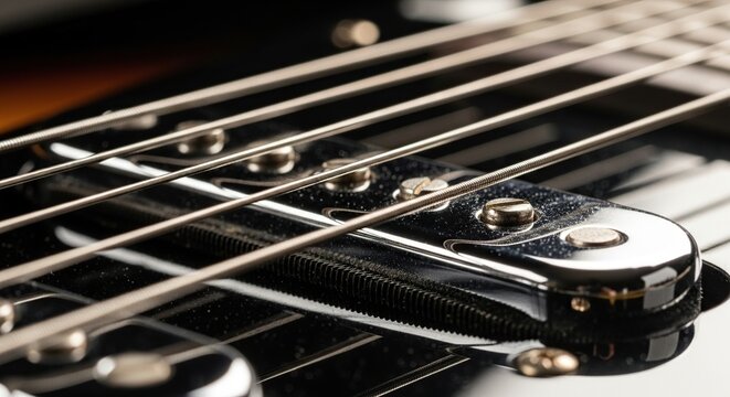 Detailed Close-up of Electric Bass Guitar Strings and Pickups, Highlighting Musical Instrument Craftsmanship and Sound