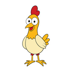 A playful, quirky cartoon chicken with big eyes and a goofy smile, flapping its wings in a silly pose, spreading laughter and fun for all ages.
