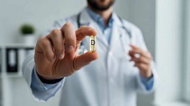 A doctor in a white coat holds a vitamin d capsule, recommending dietary supplements for health, immunity support, and medical treatment in a modern clinic