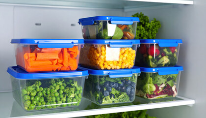 Fresh vegetables and fruits stored in clear plastic containers with blue lids inside refrigerator shelf, showcasing healthy meal prep and organized food storage