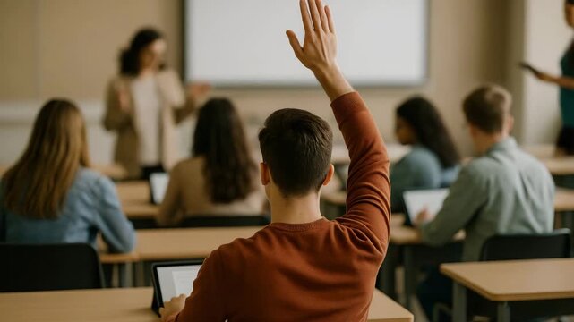Students engage in classroom discussion while one raises a hand to ask a question during a learning session in a dynamic educational environment