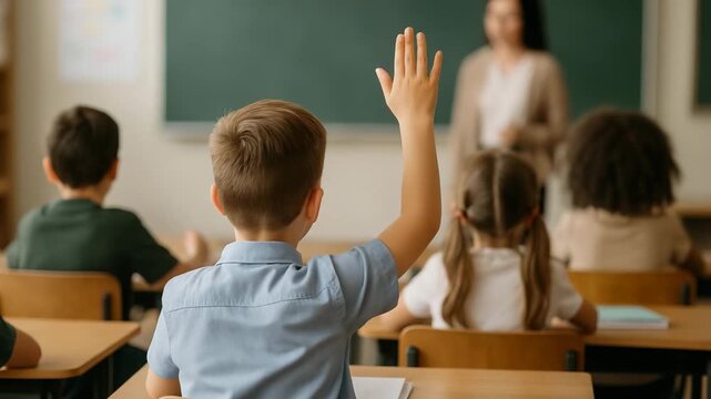 Students engaged in classroom learning with one child raising hand to answer questions in a lively educational environment