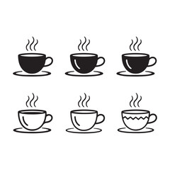 Collection of six hand-drawn coffee cups with steam and saucers for beverage and cafe concepts vector
