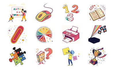 Educational Icons Set with Alphabet ABC, Growth Chart, Bookmark, Brain, Calendar, Alarm Clock, Cloud Storage, Equation Board, Telescope, File Folder and Highlighter