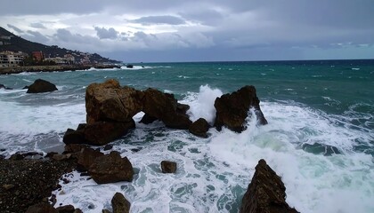 Rocky coastline with powerful waves crashing against arching rock formations under a dramatic sky