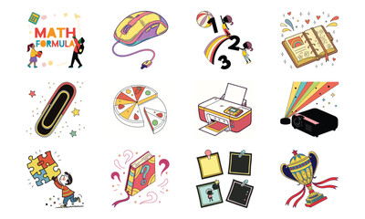 Educational Icons Set with Alphabet ABC, Growth Chart, Bookmark, Brain, Calendar, Alarm Clock, Cloud Storage, Equation Board, Telescope, File Folder and Highlighter