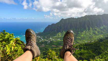 Hiking boot mountain view ocean green valley outdoor adventure blue sky clouds landscape nature travel feet trekking scenic summer vacation exploration wilderness footgear trail hillside tropical