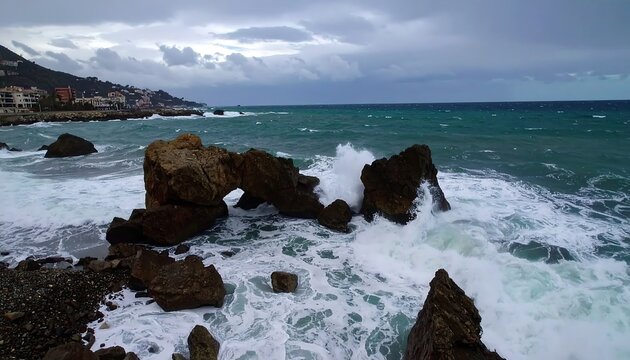 Rocky coastline with powerful waves crashing against arching rock formations under a dramatic sky