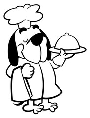 A funny cartoon of a dog chef, wearing a chef hat and uniform, carrying a plate of food with a cloche. This design is perfect for kids' coloring books, logos, and outlines with a restaurant theme