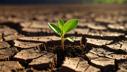 Young green plant growing from dry cracked soil, symbolizing hope and resilience in harsh environmental conditions with warm sunlight illuminating scene