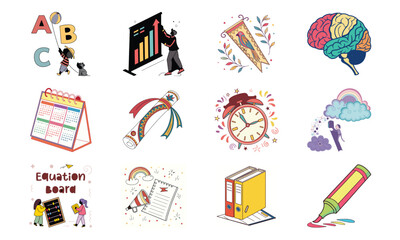 Educational Icons Set with Alphabet ABC, Growth Chart, Bookmark, Brain, Calendar, Alarm Clock, Cloud Storage, Equation Board, Telescope, File Folder and Highlighter