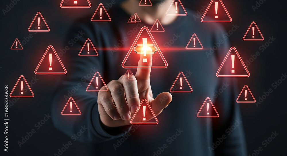 Poster a person touching a vibrant warning sign on a digital interface highlighting risk and caution in an 