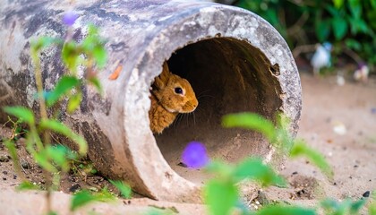 A brown rabbit peeks out of a weathered pipe
