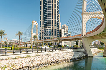 View of bridge and skyscraper in Doha. Qatar
