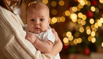 Baby infant woman holding cozy warm sweater soft light bokeh Christmas holiday celebration family love care tenderness comfort indoors portrait cute adorable small child parent motherhood