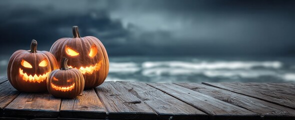 Halloween Pumpkins on Wooden Pier with Dark Ocean Background
