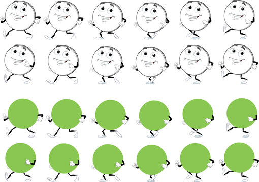 Cartoon Circle walk cycle animation set. 
Smiling cartoon circle character walking loop cycle . 
Vector illustration isolated on white background. 