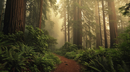 Obraz premium Misty morning in a dense redwood forest, California.