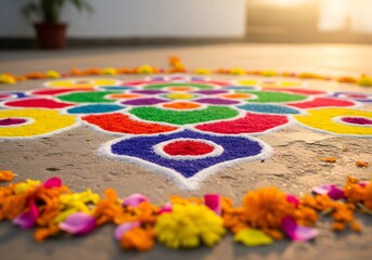 Fototapeta premium An aerial view of a vibrant rangoli with intricate patterns and bright colors, depicting a traditional Indian art form.