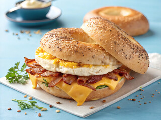 Bagel sandwich stacked with egg, crispy bacon, and melted cheddar cheese on blue background,
