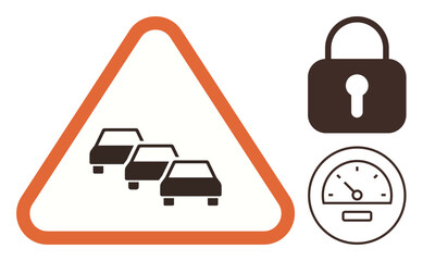 Vehicles in triangle sign, lock symbol, and speedometer convey road safety, traffic control, security, and speed regulation. Ideal for transportation, vehicle safety, traffic warnings control
