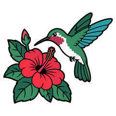 Hummingbird flying on flowers with green leaf set vector drawing isolated on white background 