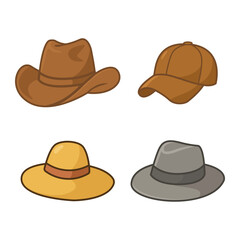 Stylish hat collection on transparent background. Cowboy, baseball cap, sun hat, and fedora hat icons
