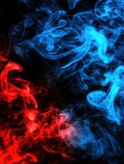 Abstract Colorful Smoke Swirls in Red and Blue Against Black Background