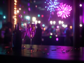 Celebration Scene with Bubbles, Glasses, and Colorful Lights