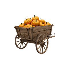 Rustic wooden cart filled with bright orange Hallowen pumpkins isolated on white background