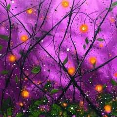 Abstract Purple Floral Painting with Vibrant Orange Accents