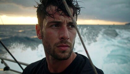 Man on a boat, focused on fishing