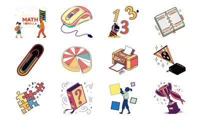 Educational Icons Set with Alphabet ABC, Growth Chart, Bookmark, Brain, Calendar, Alarm Clock, Cloud Storage, Equation Board, Telescope, File Folder and Highlighter