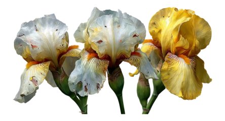 Beautiful Isolated Iris Flowers in Yellow and White on Transparent Background